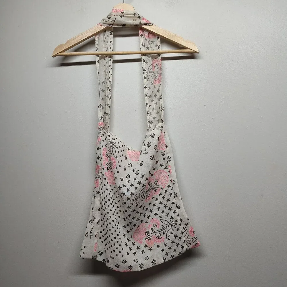 Free People Reusable Bag Cream Floral Logo Sheer Lightweight Boho Sustainable